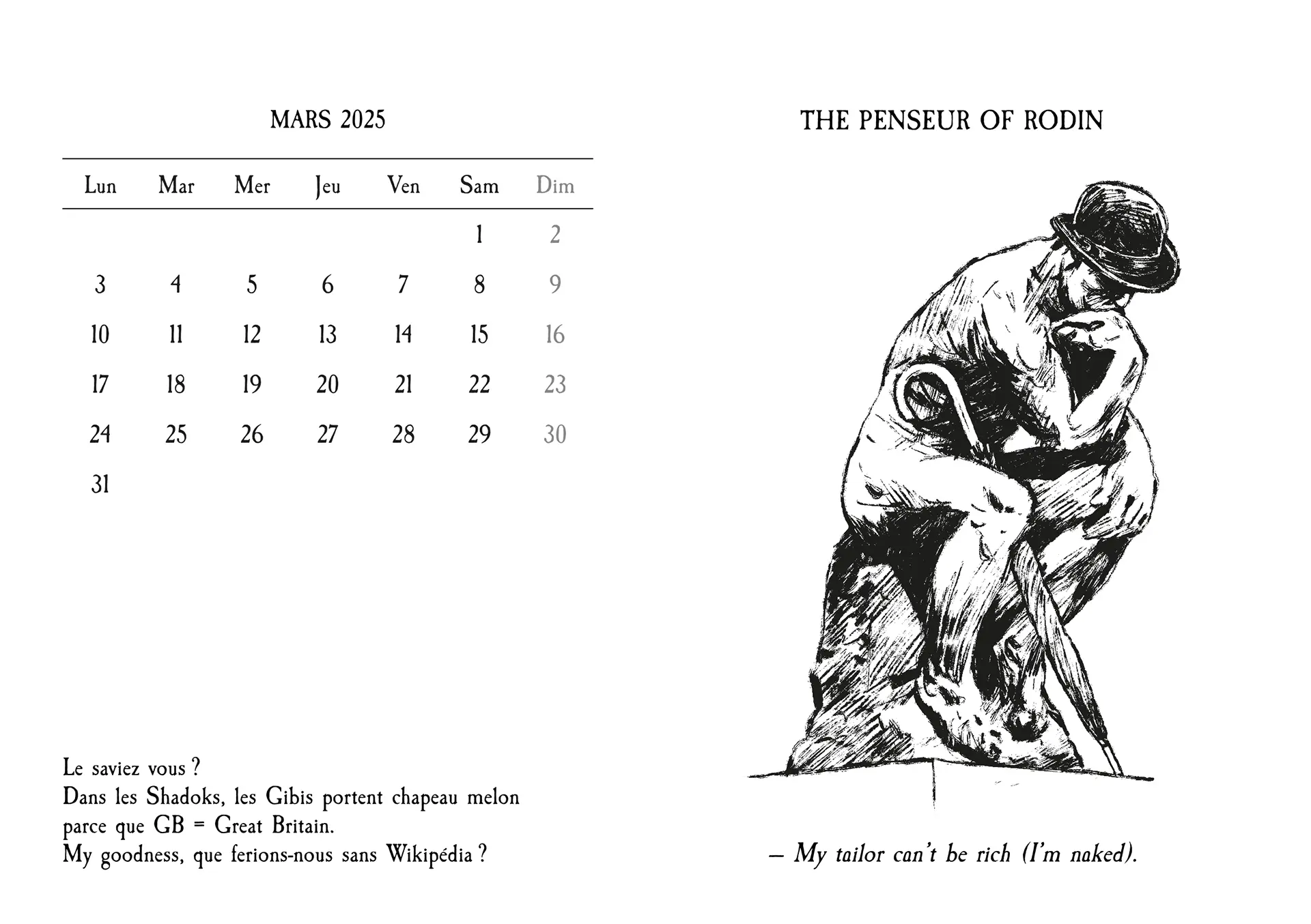 Calendrier illustré sur le thème du penseur de Rodin